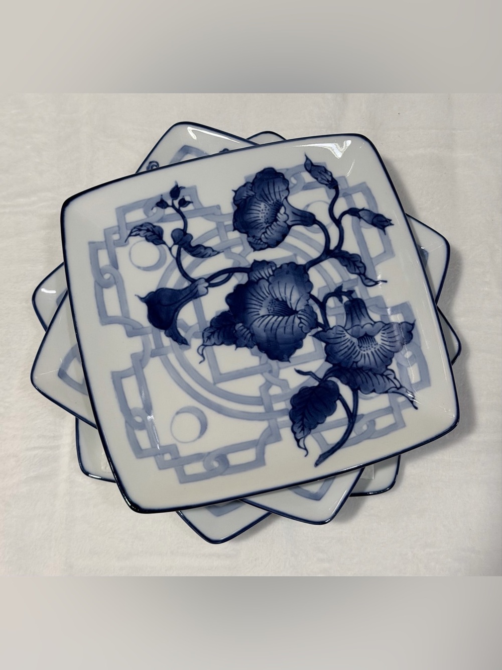 VTG Bombay Company Set of 4 Square Appetizer Dessert Plates Tableware Blue White